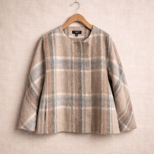 TALBOTS Plaid Wool Blend Jacket Coat Bell Sleeve Open Front Petite Topper
